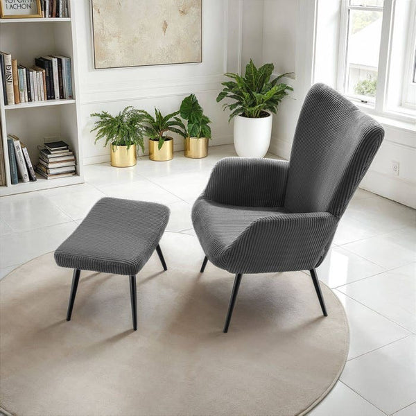 Sessel Hygge gepolstert, ergonomisch, Belastbarkeit 150 kg Breitcord anthrazit/schwarz mit Hocker