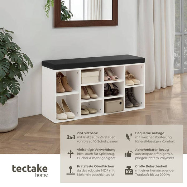 Meuble à chaussures avec coussin d'assise, noir et blanc