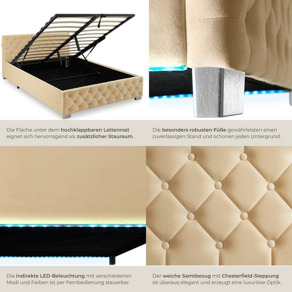 Polsterbett mit LED-Leisten & Stauraum beige 140 x 200 cm