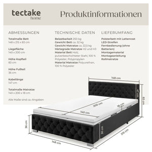 Bettset Polsterbett mit LED und Matratze Samtoptik schwarz 140 x 200 cm