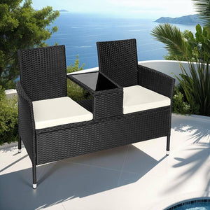 Rattan Gartensitzbank mit Tisch schwarz/beige