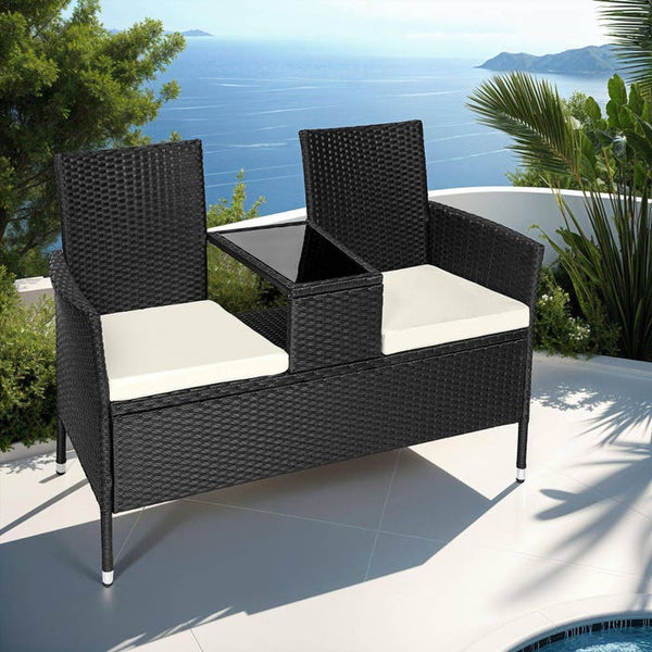 Rattan Gartensitzbank mit Tisch schwarz/beige