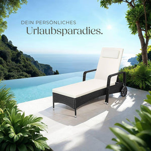 Sonnenliege Rattan mit Rollen schwarz/beige