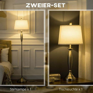2-teiliges Leuchten-Set. 1 Stehleuchte, 1 Tischleuchten, Leinenoptik Silber + Weiss