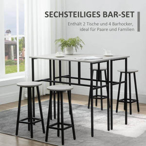 Bartisch-Set im Industriedesign, 6-teilig, 2 Tische und 4 Barhocker, Grau + Schwarz