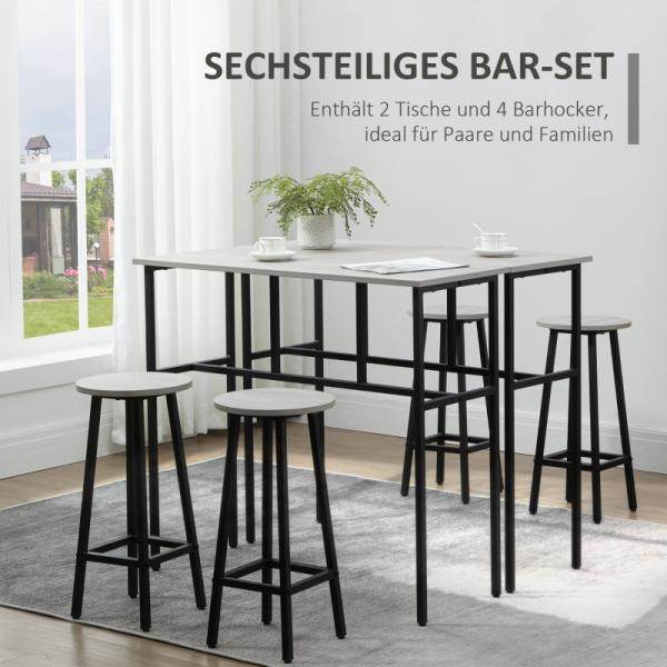 Bartisch-Set im Industriedesign, 6-teilig, 2 Tische und 4 Barhocker, Grau + Schwarz