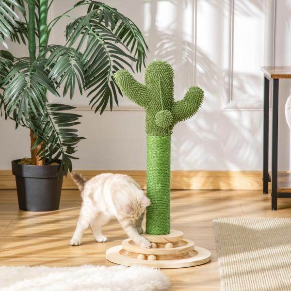 Kratzbaum Kaktus Katzenbaum Kiefernholz Sisal Seil Kratzstamm 60 cm Grün+Natur