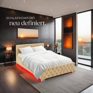 Polsterbett mit LED-Leisten & Stauraum beige 140 x 200 cm