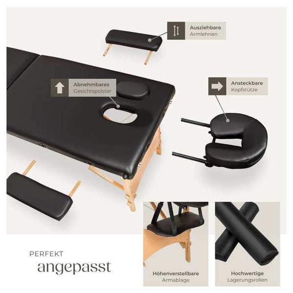 Set lettino da massaggio Freddi a 2 zone con imbottitura da 5 cm, ruote e struttura in legno nero