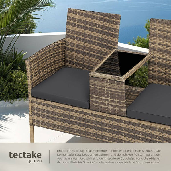 Rattan Gartensitzbank mit Tisch natur/dunkelgrau