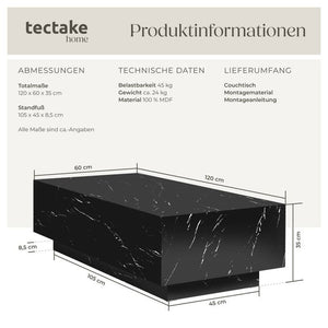 Couchtisch Lasley Marmor Optik schwarz 120 x 60 x 35 cm