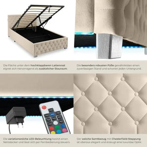 Polsterbett Sedona mit LED und Stauraum Samtoptik sand 120 x 200 cm