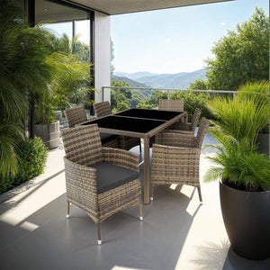 Rattan Sitzgruppe 6+1 mit Schutzhülle natur/dunkelgrau