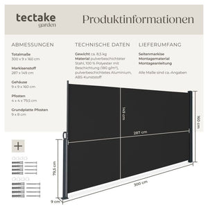 Seitenmarkise schwarz 300 x 160 cm