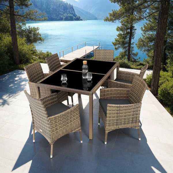 Rattan Sitzgruppe 6+1 mit Schutzhülle natur/dunkelgrau