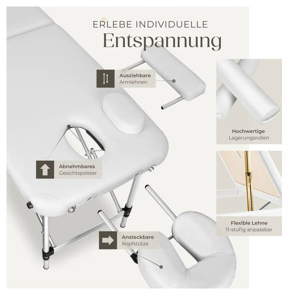 3 Zonen Massageliege mit 5cm Polsterung, Rollen und Aluminiumgestell weiss
