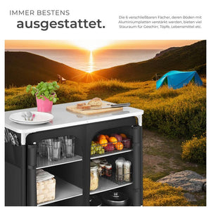 Campingschrank Deluxe mit Aluminiumgestell und 6 Fächern schwarz