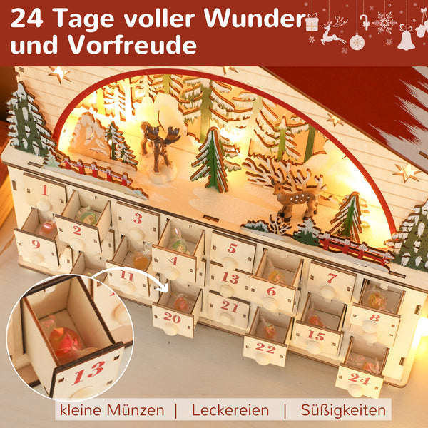 Adventskalender zum Befüllen mit LED für Weihnachten aus Holz
