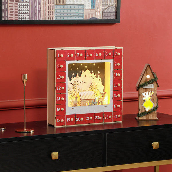 Adventskalender Weihnachtsdeko mit 24 Schubladen LED Rot
