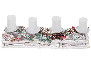 Adventskranz Holz länglich mit Kerzen 11x15x50cm weiss-grau