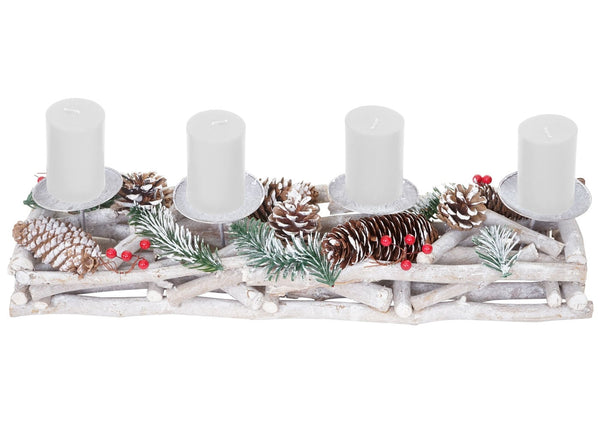 Adventskranz Holz länglich mit Kerzen 11x15x50cm weiss-grau