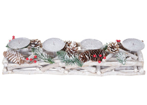 Adventskranz Holz länglich mit Kerzen 11x15x50cm weiss-grau