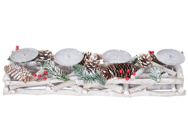 Adventskranz Holz länglich mit Kerzen 11x15x50cm weiss-grau