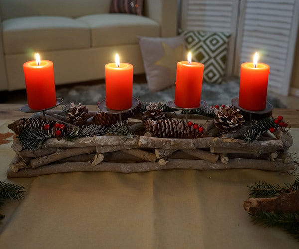 Adventskranz Holz länglich mit Kerzen 11x15x50cm weiss-grau