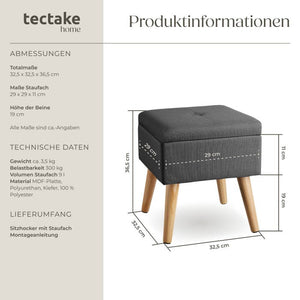 Sitzhocker Elva gepolstert in Leinenoptik 300kg mit Stauraum - dunkelgrau