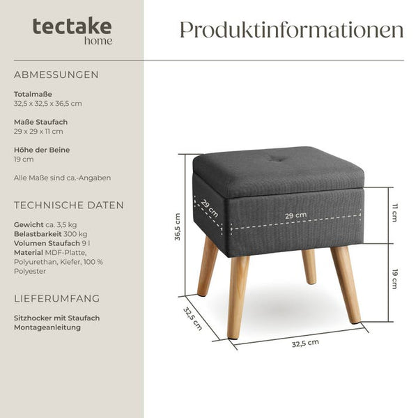 Sitzhocker Elva gepolstert in Leinenoptik 300kg mit Stauraum - dunkelgrau