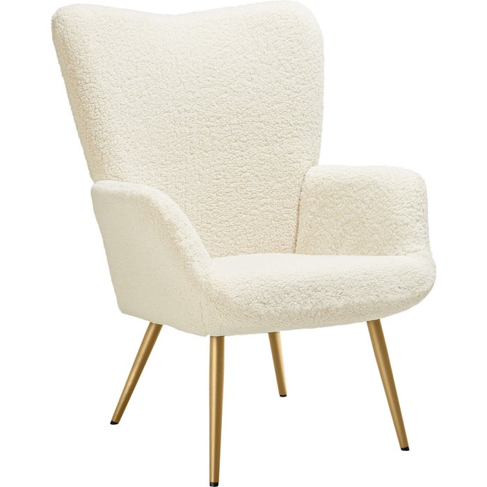 Poltrona imbottita Hygge, ergonomica, portata 150 kg, crema bouclé/oro, senza poggiapiedi