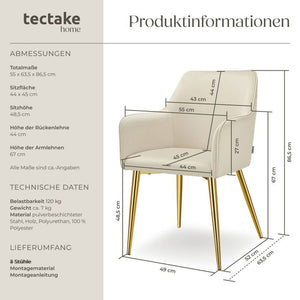 Armlehnstuhl Avane, Samtoptik, gepolstert beige 4er Set