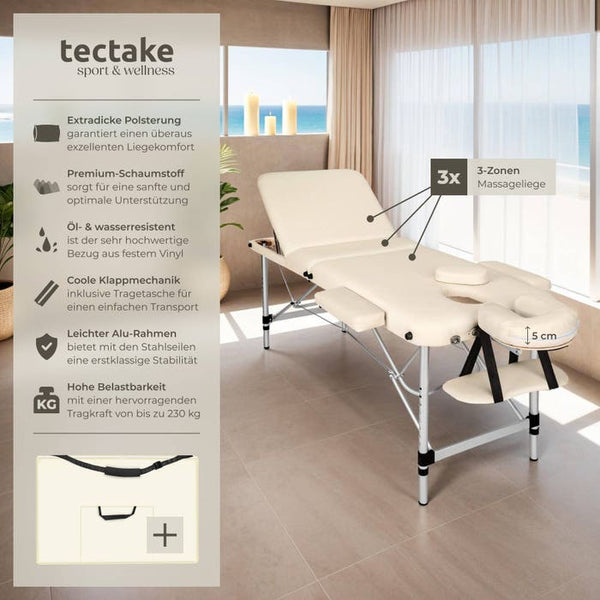 3 Zonen Massageliege mit 5cm Polsterung und Aluminiumgestell beige