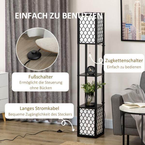 Stehleuchte im modernen Design, 2 Ablagen, Ziehkettenschalter Schwarz + Weiss