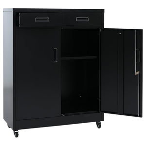 Abschliessbarer Aktenschrank aus Metall mit Rollen, schwarz
