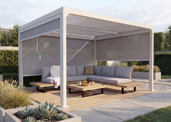 Alu Pergola Lamellen Sandy mit Lamellen und 3 Seitenwänden 3x3,7m weiss