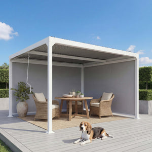 Alu Pergola Lamellen Sandy mit 2 Seitenwänden und Lamellen 3x3,7m weiss