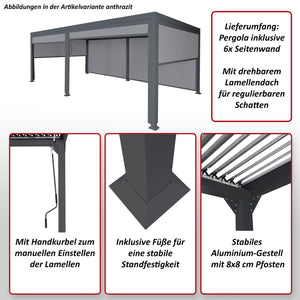 Alu Pergola Lamellen Sandy Lamellenpavillon mit 6 Seitenwänden 3x6m anthrazit