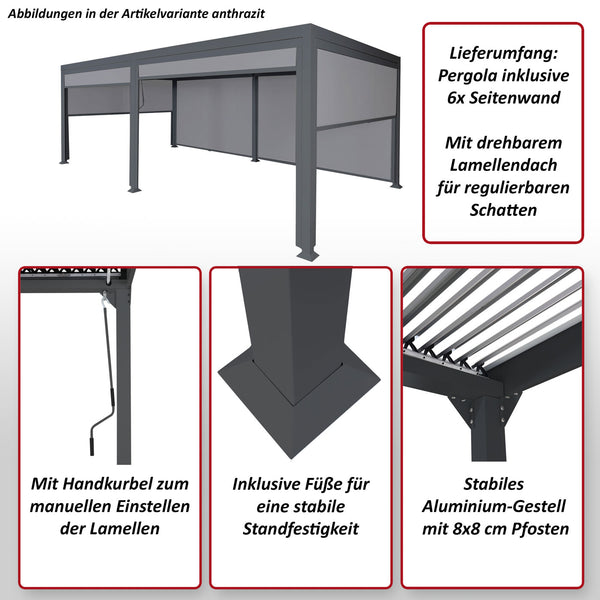 Alu Pergola Lamellen Sandy Lamellenpavillon mit 6 Seitenwänden 3x6m anthrazit