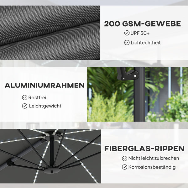 Ampelschirm LED Solar höhenverstellbar mit UV Schutz 300cm dunkelgrau