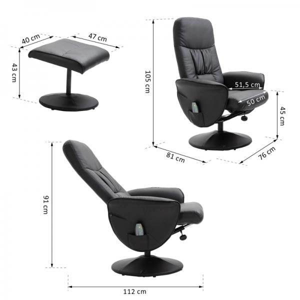 Relaxsessel mit Fusshocker Liegefunktion Massagesessel Kunstleder Schwarz