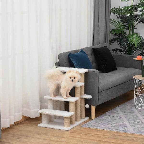Haustiertreppe Ball 4-stufige Katzentreppe Hundetreppe Tiertreppe Jute Weiss