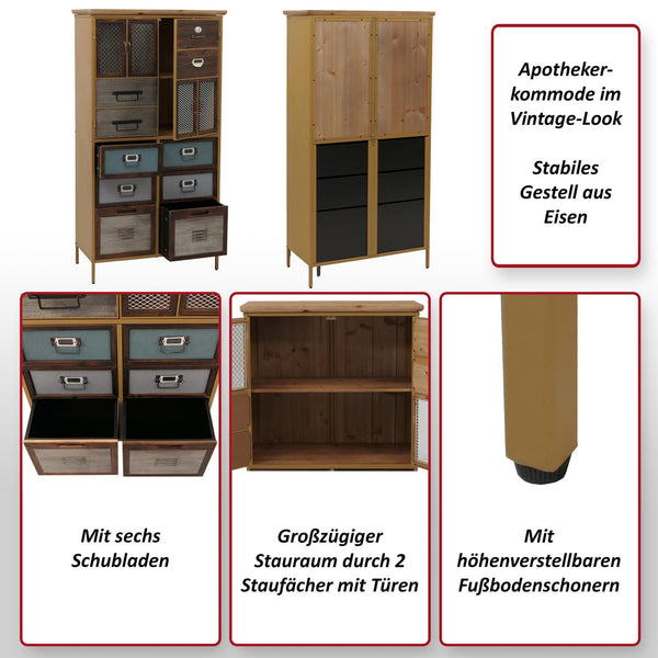 Apothekerkommode Highboard Schubladen Vintage Shabby-Look 136x73x35cm blau Metalloptik