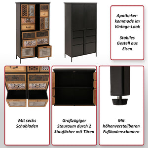 Apothekerkommode Highboard Schubladen Vintage Shabby-Look 136x73x35cm natur/bunt Metalloptik