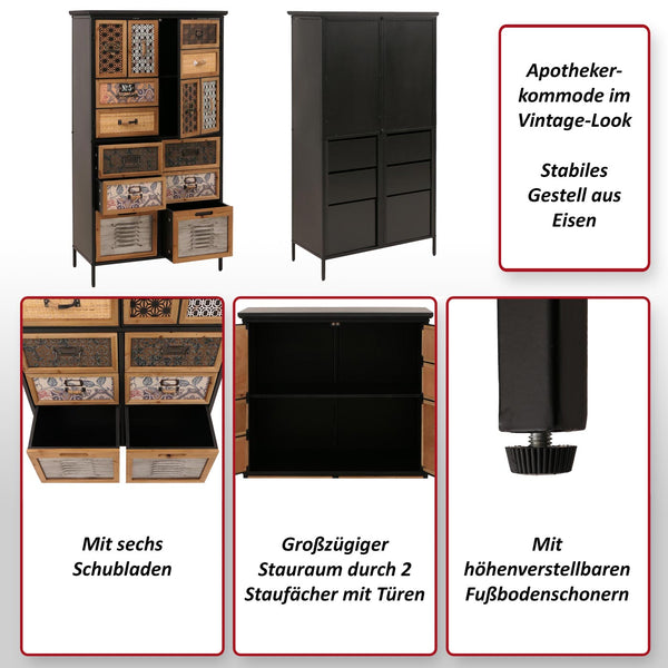 Apothekerkommode Highboard Schubladen Vintage Shabby-Look 136x73x35cm natur/bunt Metalloptik