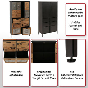 Apothekerkommode Highboard Schubladen Vintage Shabby-Look 136x73x35cm natur Metalloptik