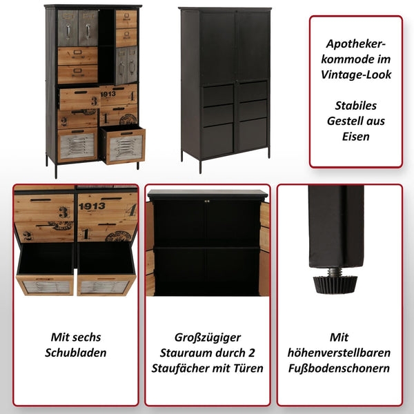 Apothekerkommode Highboard Schubladen Vintage Shabby-Look 136x73x35cm natur Metalloptik