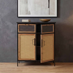 Apothekerkommode Highboard Schrank Staufächer Vintage Shabby-Look 94x80x35cm Rattanoptik