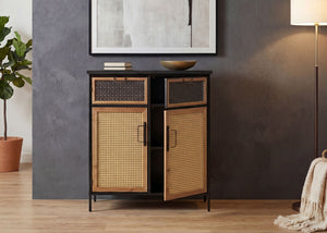 Apothekerkommode Highboard Schrank Staufächer Vintage Shabby-Look 94x80x35cm Rattanoptik