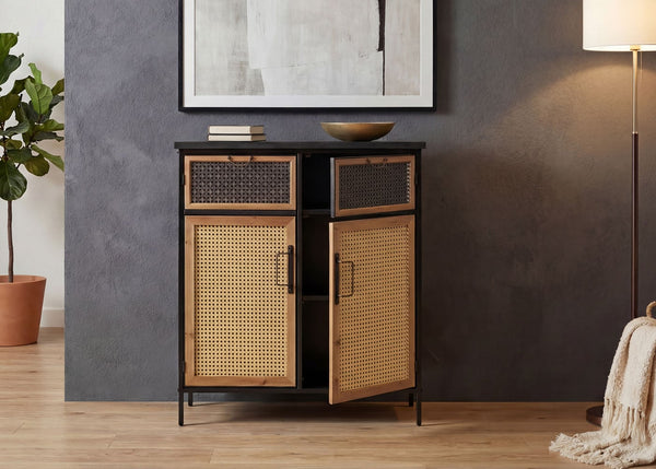 Apothekerkommode Highboard Schrank Staufächer Vintage Shabby-Look 94x80x35cm Rattanoptik